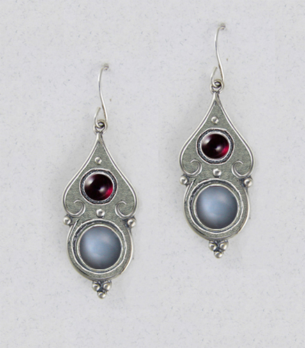 Sterling Silver Gothic Look With Grey Moonstone And Garnet Gemstone Drop Dangle Earrings